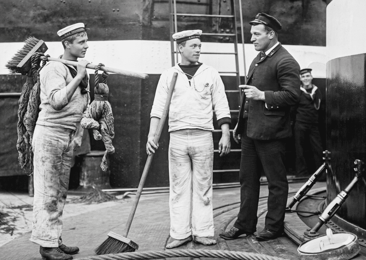 A restored black and white historical photograph showing two young Royal Navy sailors with brooms on a ship deck talking to a naval officer in a dark peacoat and cap.