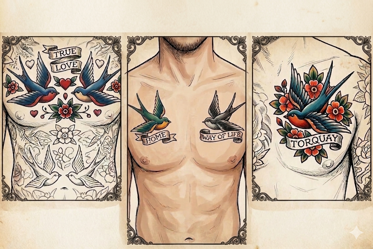 Triptych of Traditional Swallow Tattoo Chest Placement Sketches