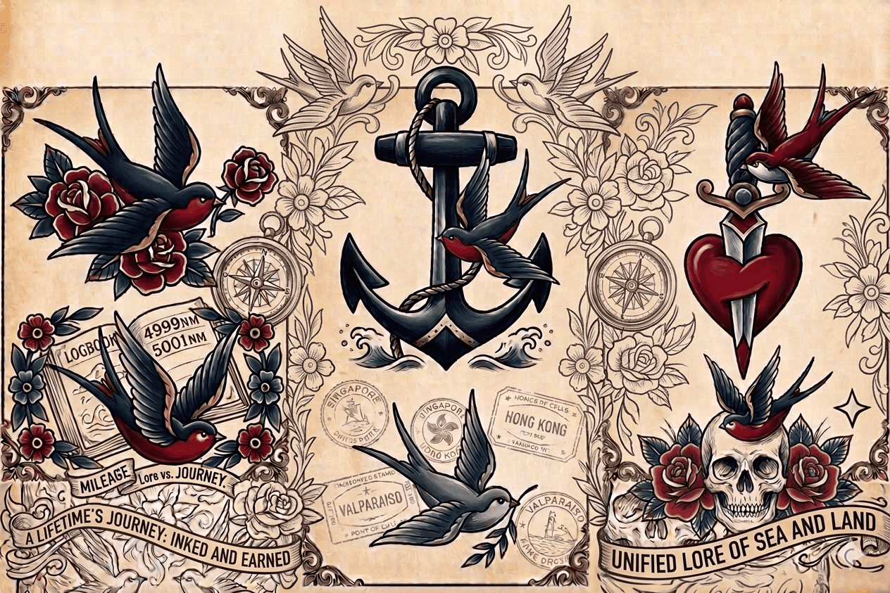 An American traditional tattoo flash sheet on aged paper illustrating the history of swallow tattoos, featuring nautical charts, port stamps, an anchor, and banners reading A Lifetime's Journey: Inked and Earned.